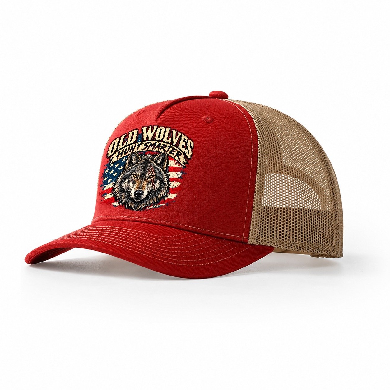 Old Wolves Hunt Smarter Old Man Strong Trucker Hat – Red Khaki