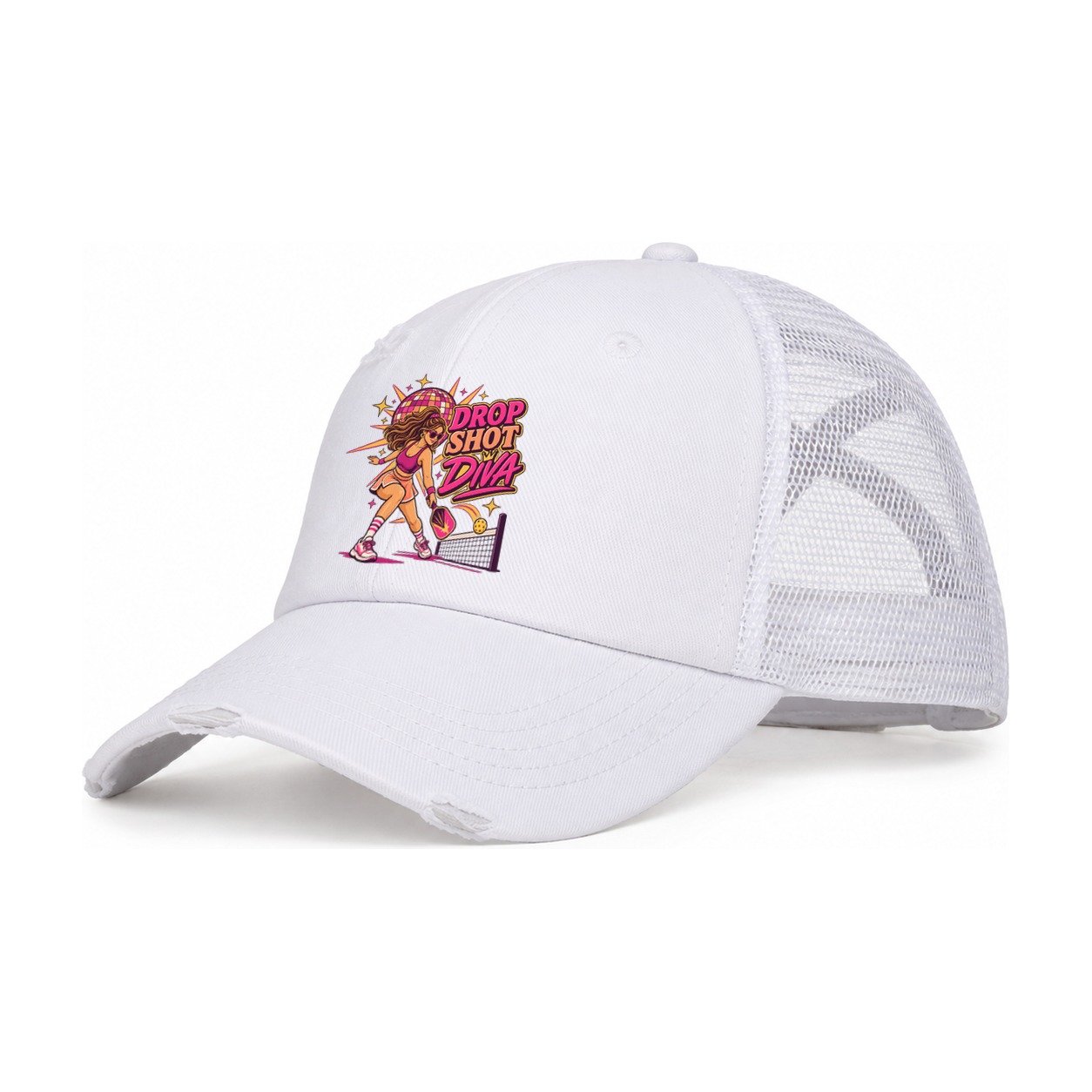 Drop Shot Diva Pickleball Life Women's Ponytail Trucker Hat – White White