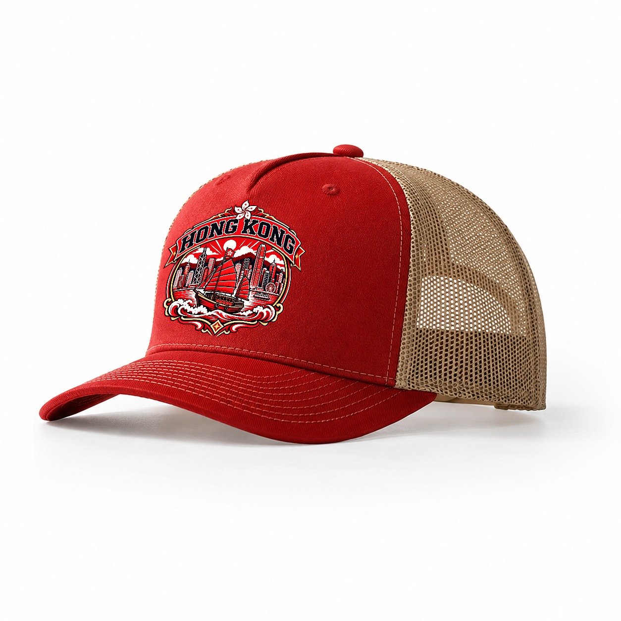 Hong Kong Retro Badge Country Logos Trucker Hat – Red Khaki