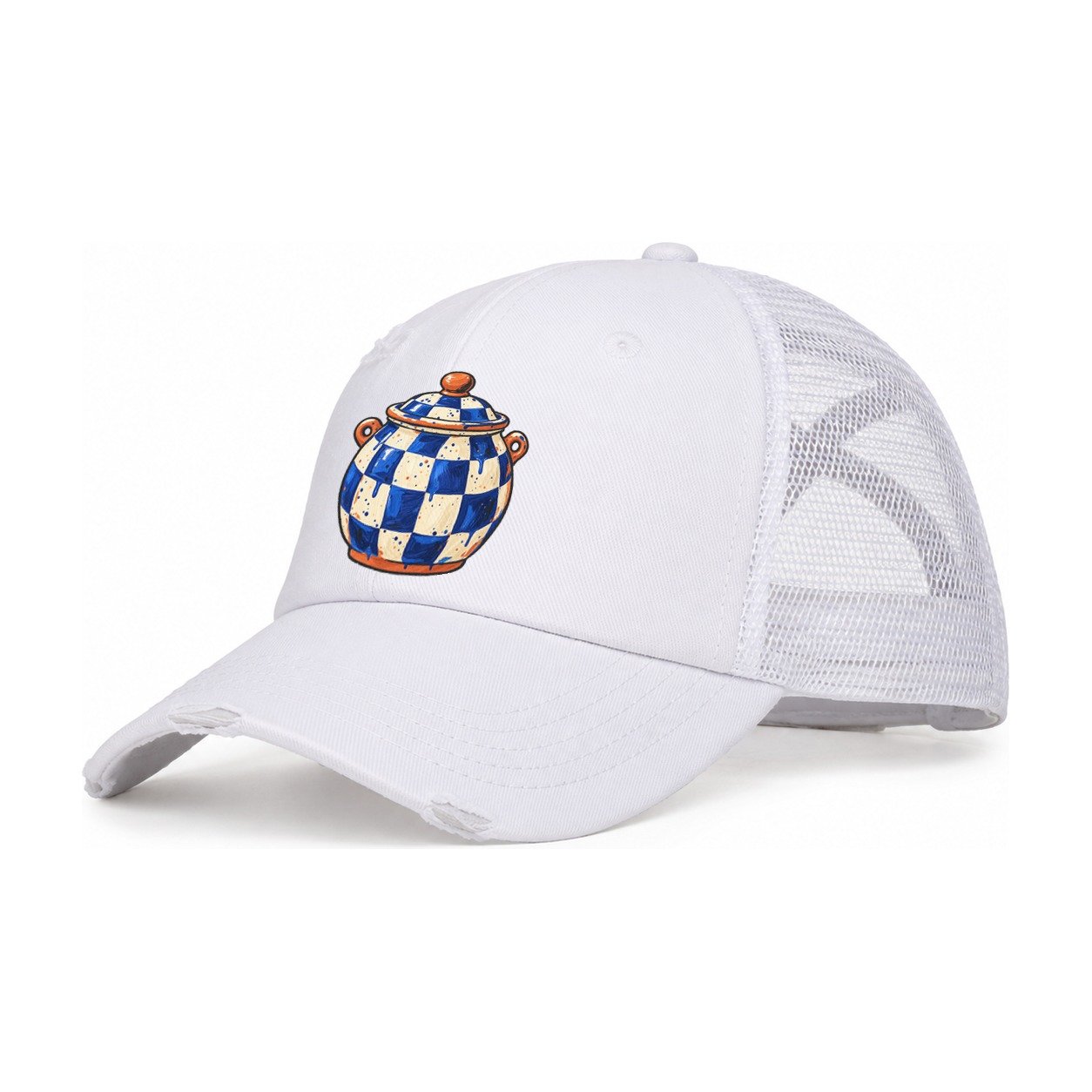 Checker Glaze Jar Clay Color Makers Women's Ponytail Trucker Hat – White White