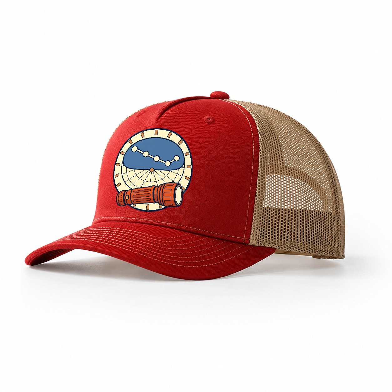 Red Torch And Planisphere Astronomy And Stargazing Trucker Hat – Red Khaki