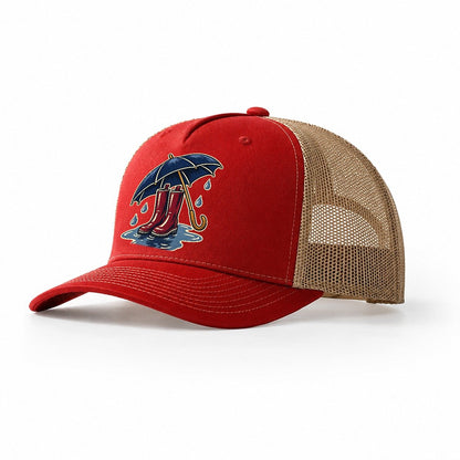 Rainy Day Umbrella And Wellington Boots Uk Culture Heritage Trucker Hat – Red Khaki