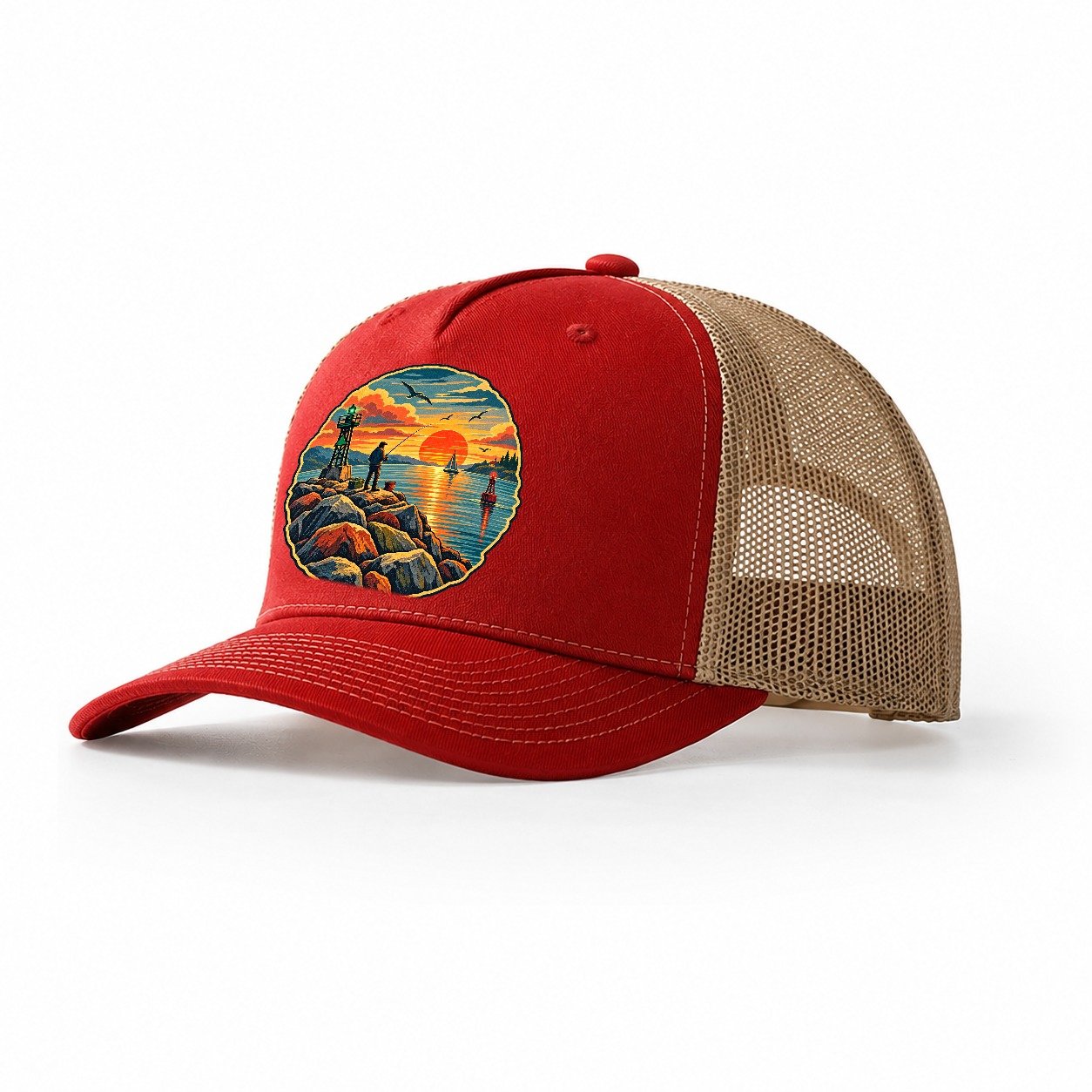 Harbor Jetty Sunset Fishing Club Trucker Hat – Red Khaki
