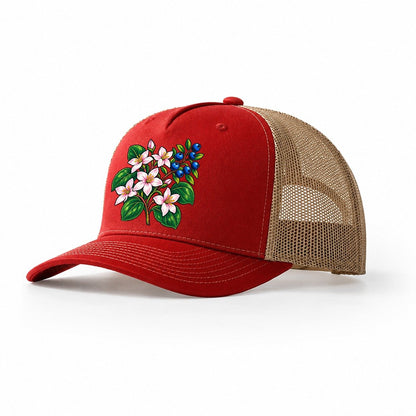 Nova Scotia Mayflower And Wild Blueberries Canada Cultural Icons Trucker Hat – Red Khaki