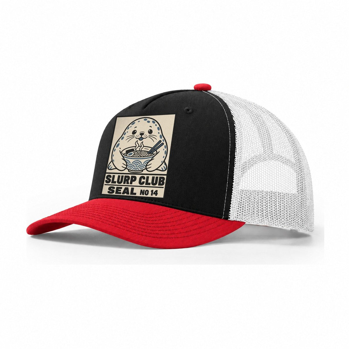 Seal Seafood Slurp Club Trucker Hat – Black Red White