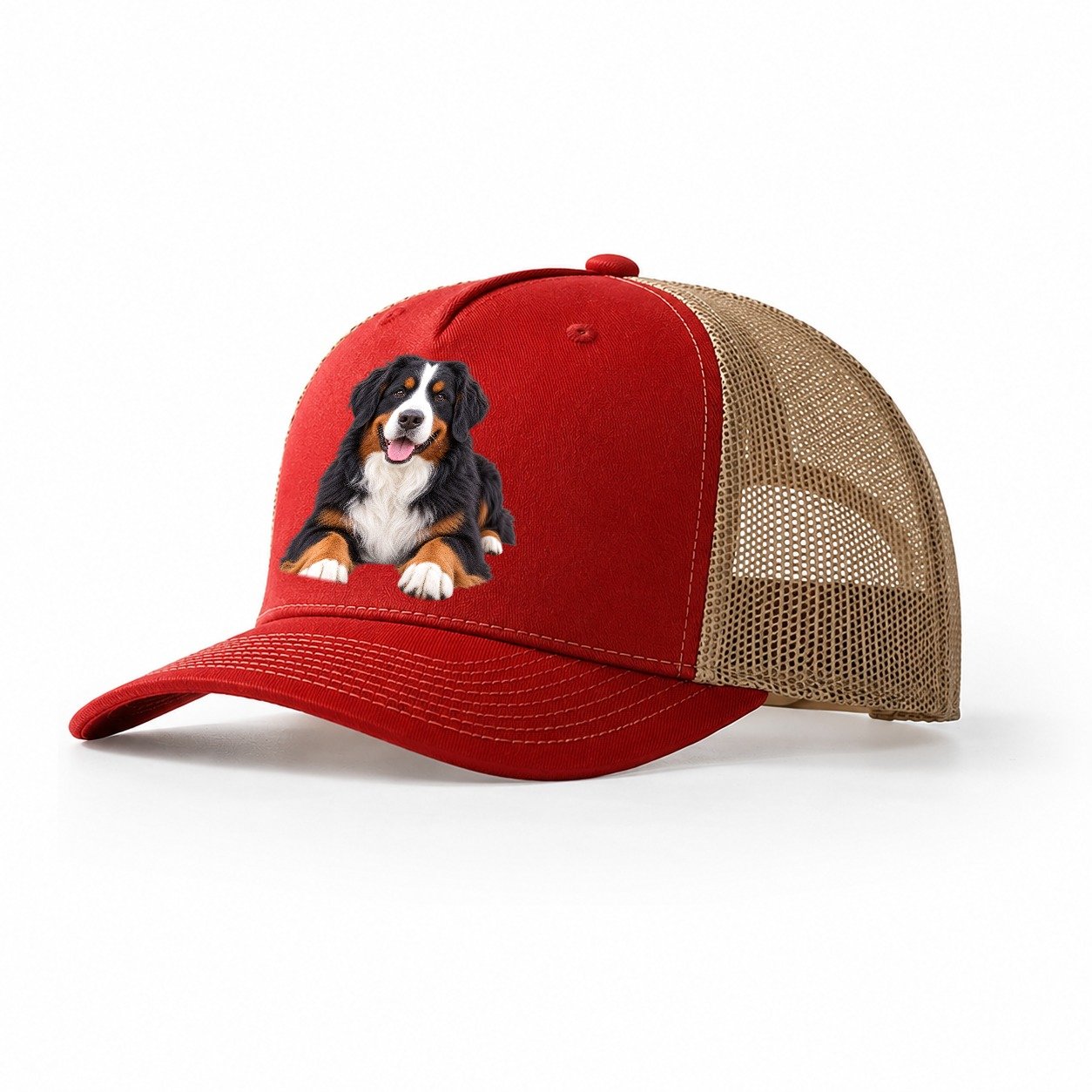 Bernese Mountain Dog Lying Down Top Breeds Trucker Hat – Red Khaki