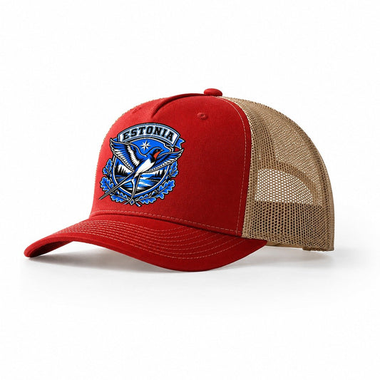 Estonia Retro Badge Country Logos Trucker Hat – Red Khaki