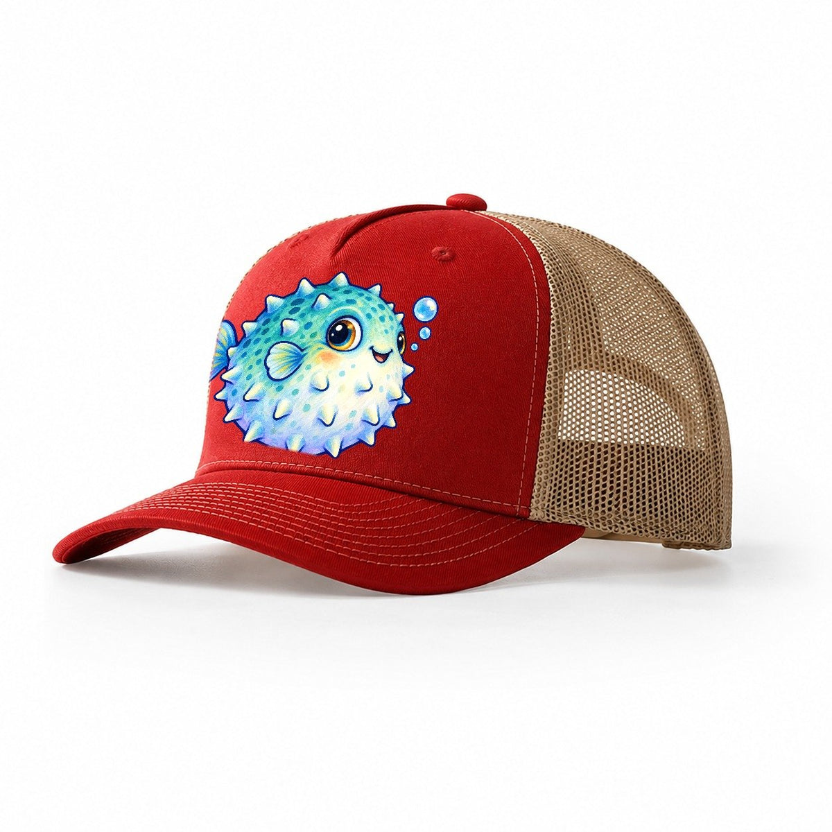 Pufferfish Side Puff Sea Sprite Trucker Hat – Red Khaki