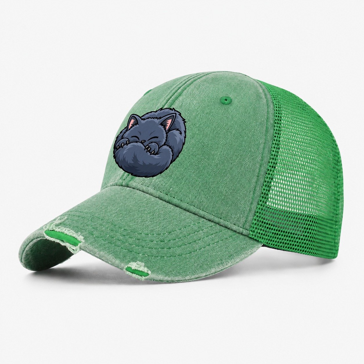 British Shorthair Sleeping Peeking Cats Washed Trucker Hat – Ink Green