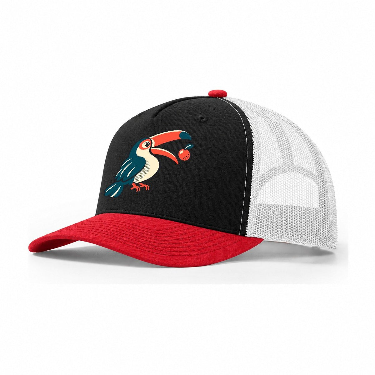 Toucan Fruit Toss Trucker Hat – Black Red White