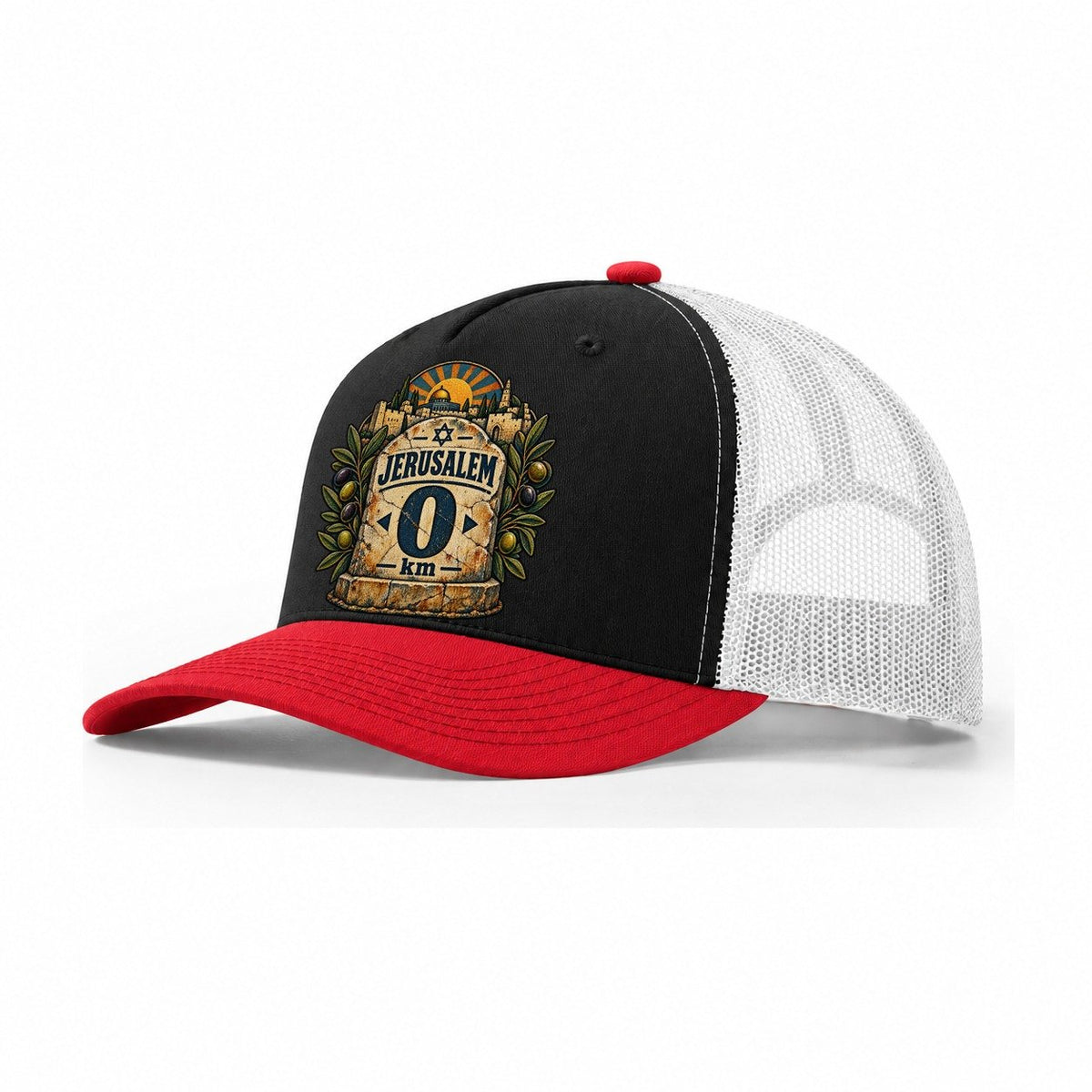 Jerusalem Zero Milestone Jerusalem Trucker Hat – Black Red White