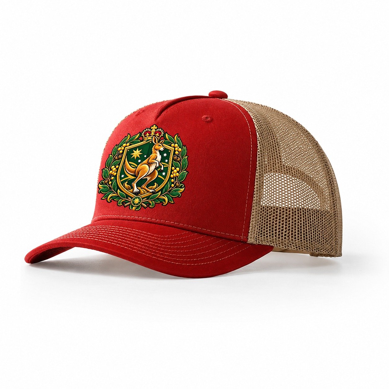 Australia Heraldic Crest Country Logos Trucker Hat – Red Khaki