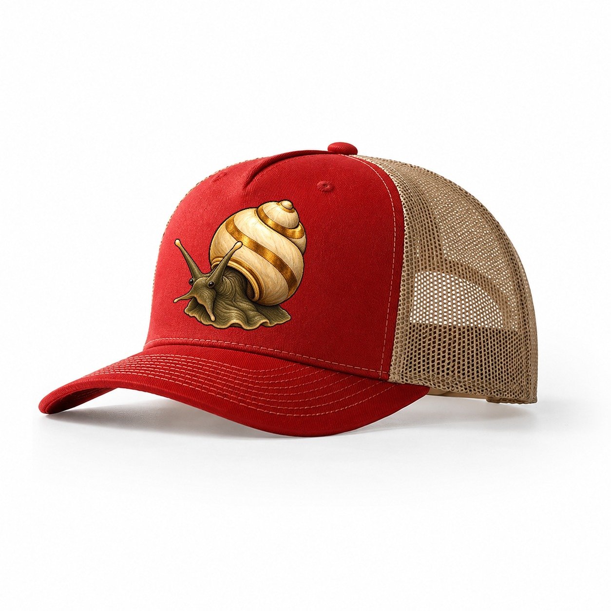 Mystery Snail Portrait Aquarium Keeping Trucker Hat – Red Khaki