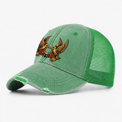 Claddagh Symbol Washed Trucker Hat – Ink Green