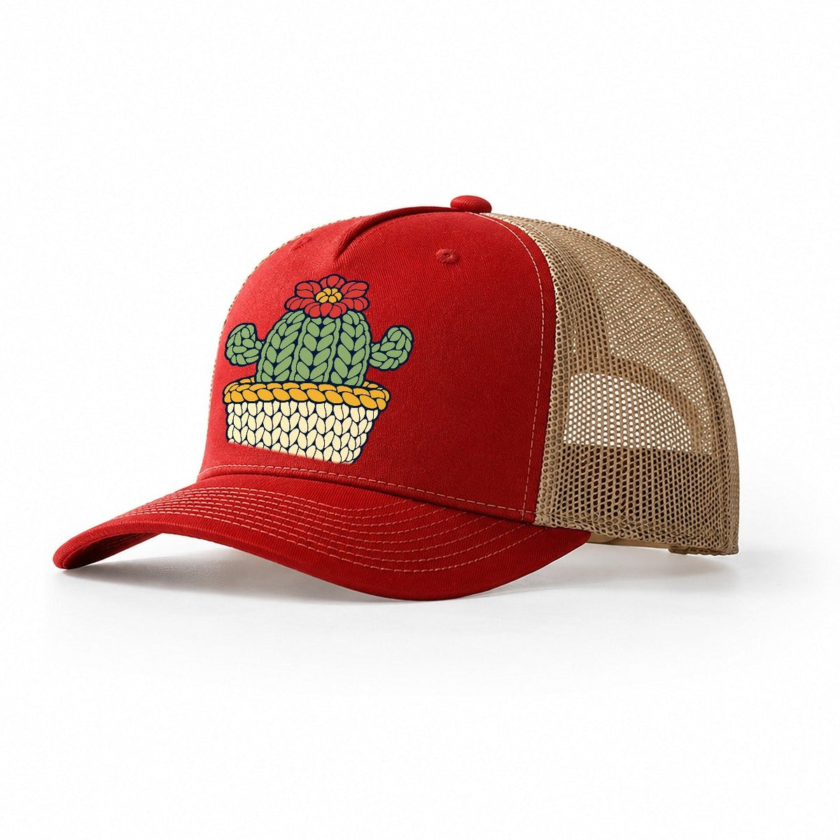 Crocheted Cactus Yarn Crafts Trucker Hat – Red Khaki