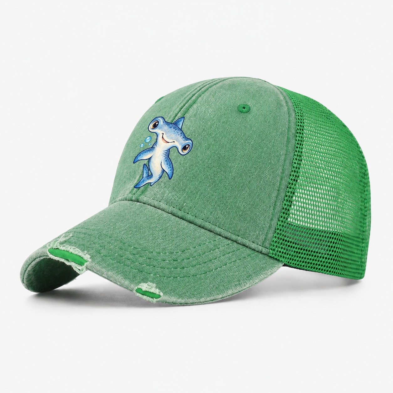 Hammerhead Shark Curious Tilt Sea Sprite Washed Trucker Hat – Ink Green