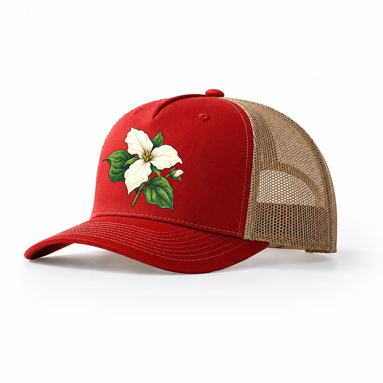 Ontario White Trillium Bloom Canada Cultural Icons Trucker Hat – Red Khaki