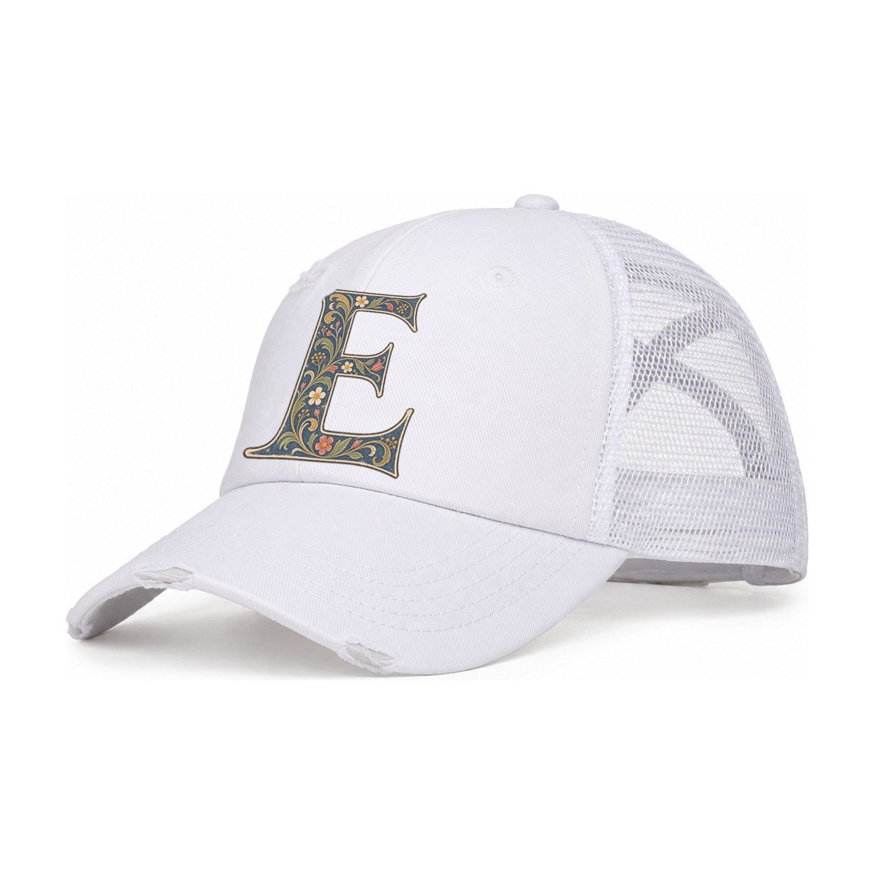 Wildflower E Monogram Women's Ponytail Trucker Hat – White White