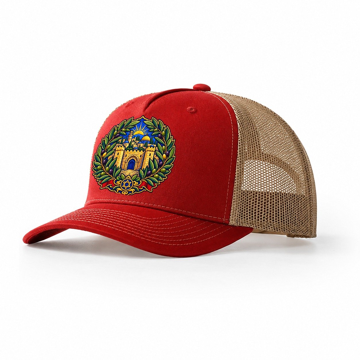 Olive Branch Wreath Jerusalem Trucker Hat – Red Khaki