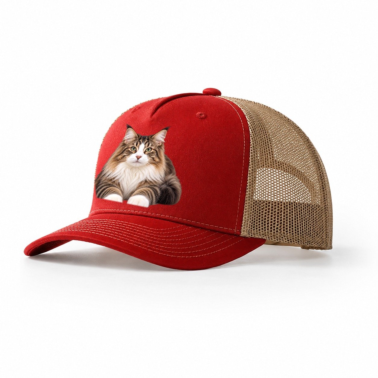 Norwegian Forest Cat Reclining Paws Forward Realistic Cat Portrait Trucker Hat – Red Khaki