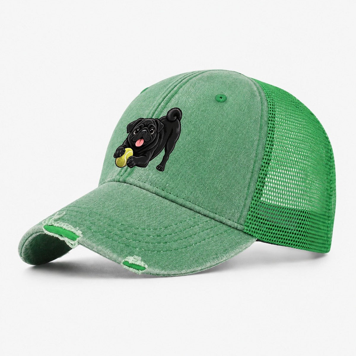 Black Pug with Tennis Ball Washed Trucker Hat – Ink Green