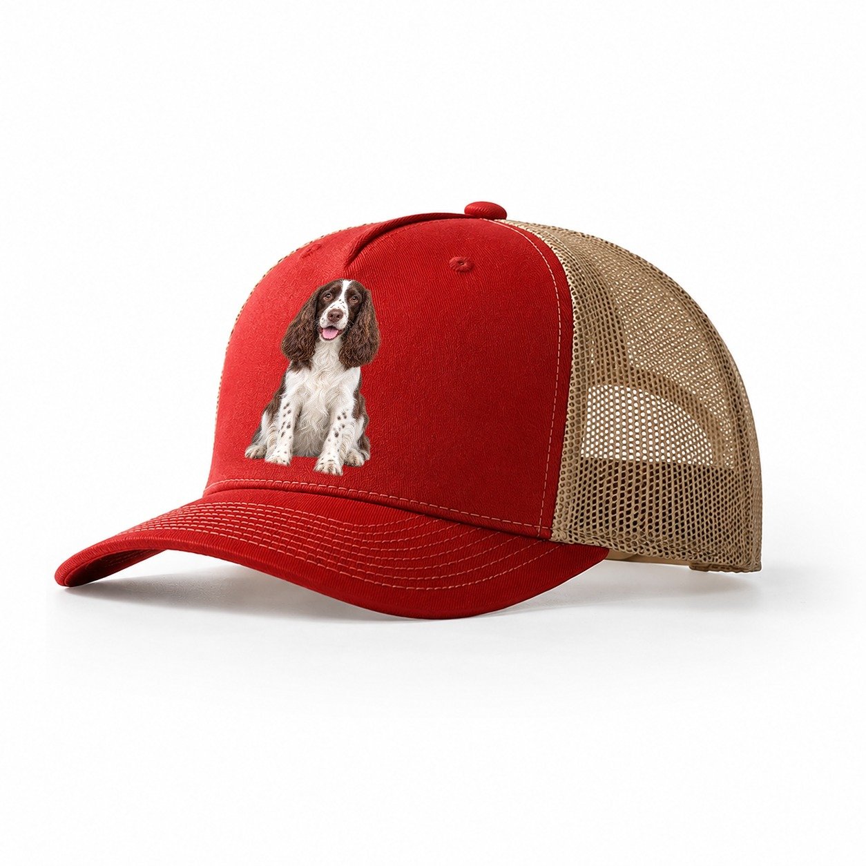 English Springer Spaniel Sitting Top Breeds Trucker Hat – Red Khaki