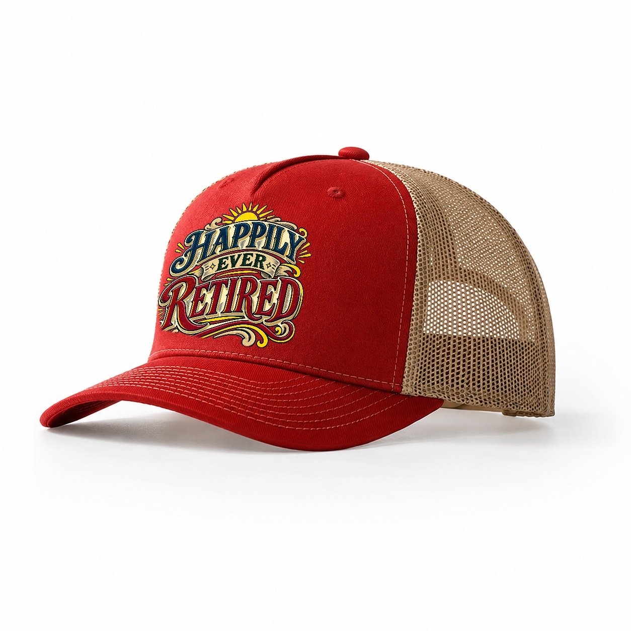 Happily Ever Retired Retired Living Trucker Hat – Red Khaki