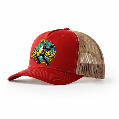Brass Horn Crest Music Instruments Trucker Hat – Red Khaki