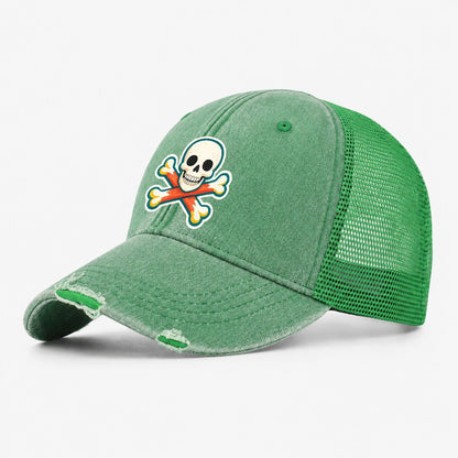 Teal Outline Skull and Crossbones Washed Trucker Hat – Ink Green