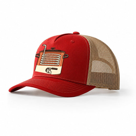 Kettle And Coil Drawing Homebrewing Trucker Hat – Red Khaki