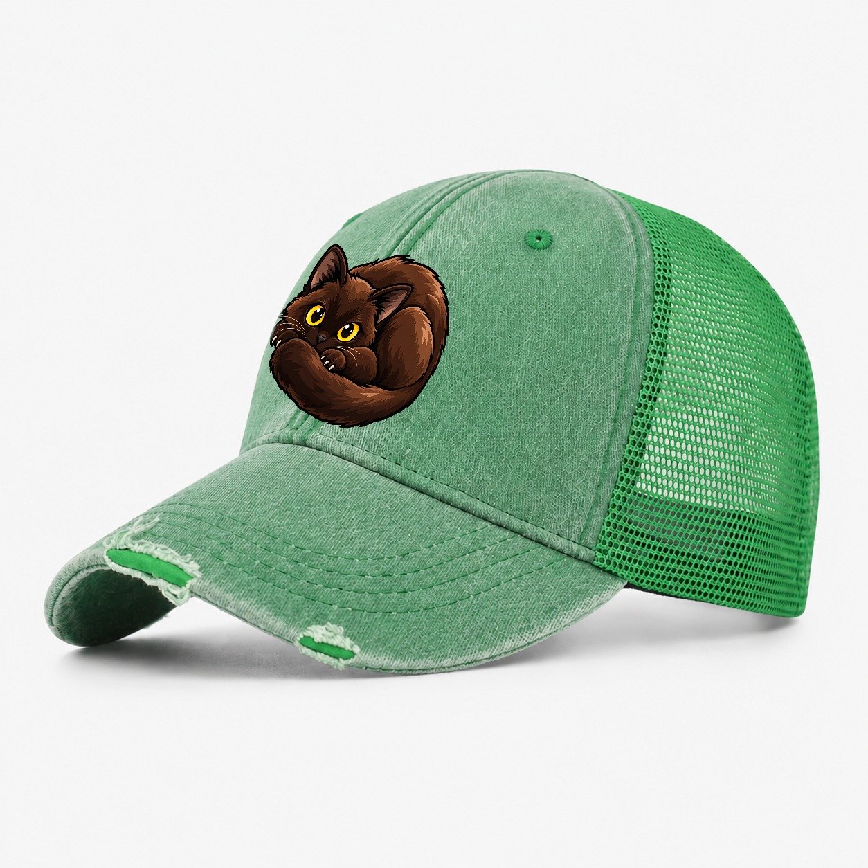 Burmese Curled Peeking Cats Washed Trucker Hat – Ink Green