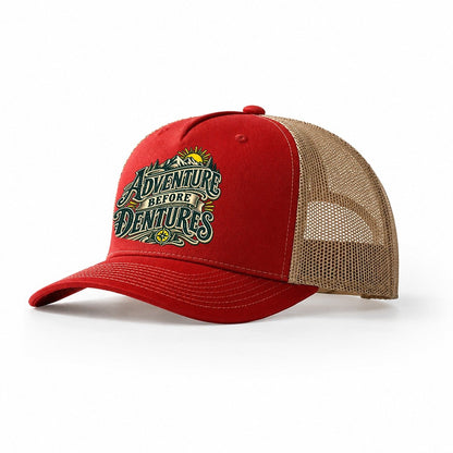 Adventure Before Dentures Retired Living Trucker Hat – Red Khaki