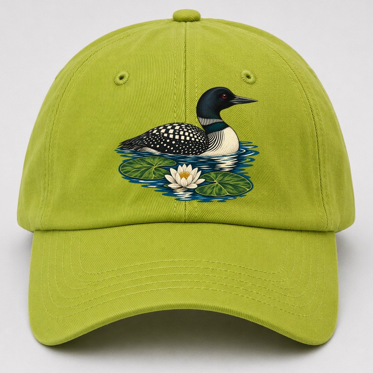 Common Loon And Water Lilies Canada Cultural Icons Baseball Cap – Fluorescent Green