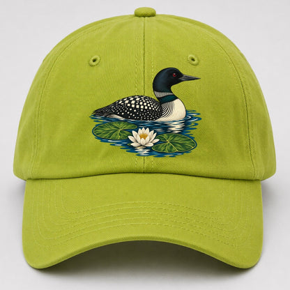 Common Loon And Water Lilies Canada Cultural Icons Baseball Cap – Fluorescent Green