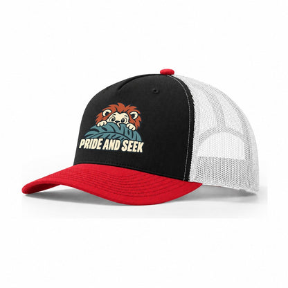 Pride And Seek Familiar Punchlines Trucker Hat – Black Red White