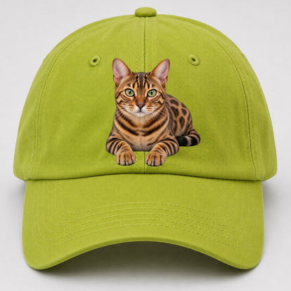 Bengal Reclining Paws Forward Realistic Cat Portrait Baseball Cap – Fluorescent Green