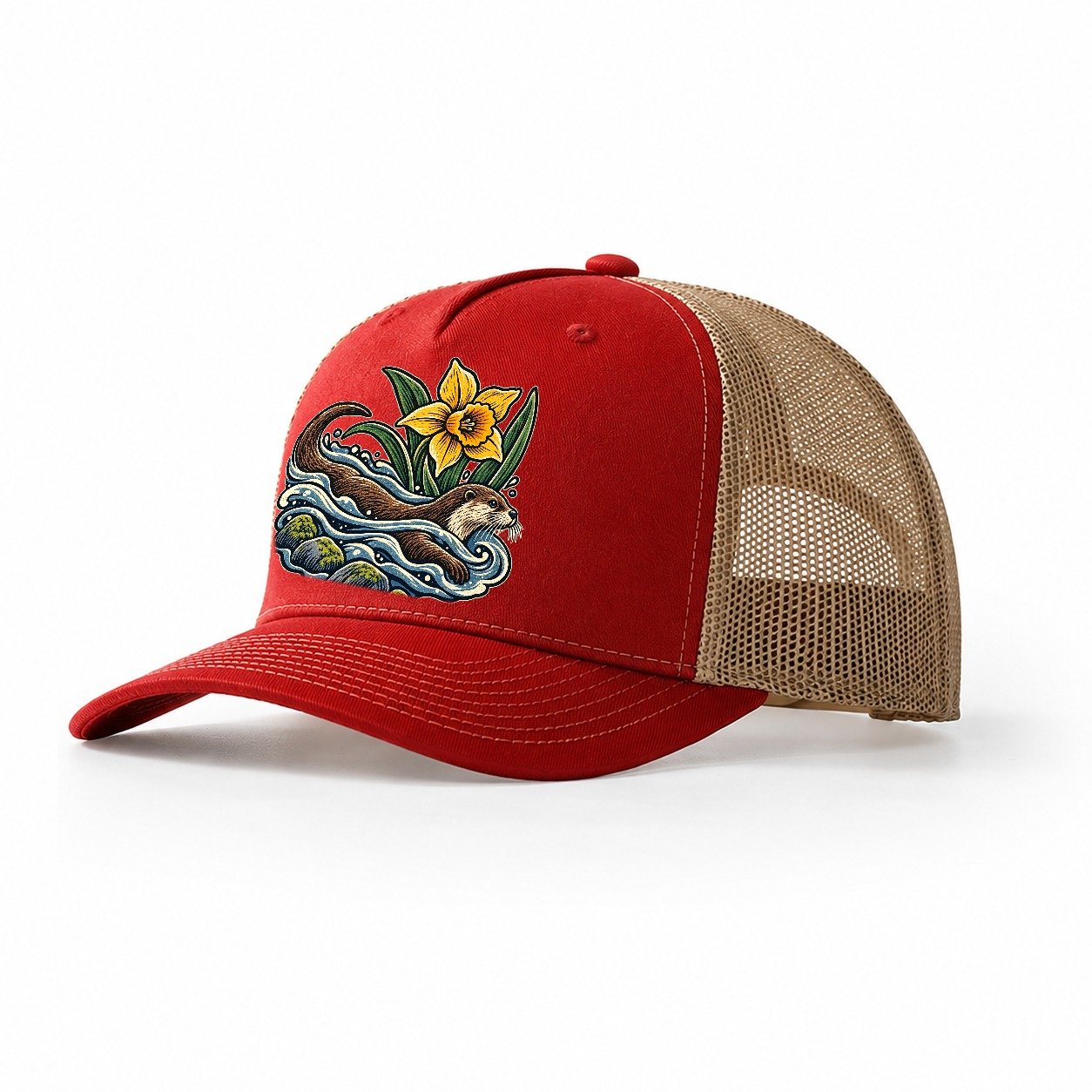 Welsh Otter And Daffodil Stream Uk Culture Heritage Trucker Hat – Red Khaki