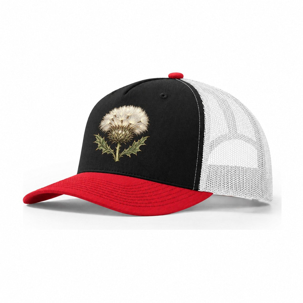 Thistle Silvery Seedhead Pastimes Companions Trucker Hat – Black Red White