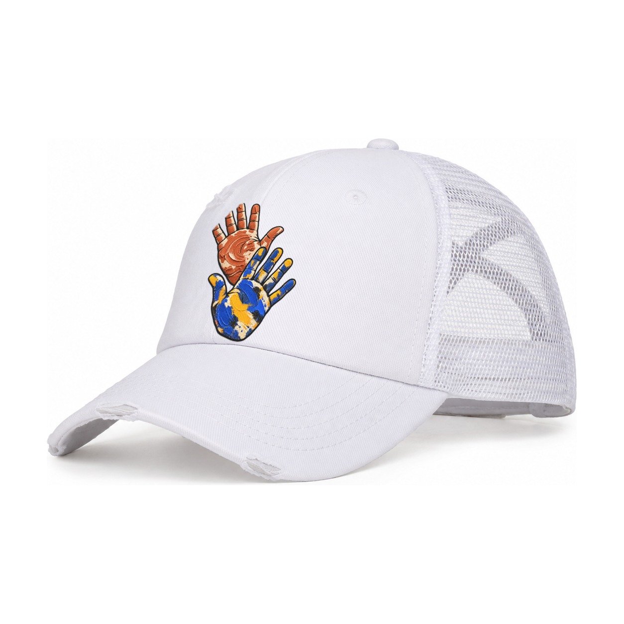 Clay And Color Hands Clay Color Makers Women's Ponytail Trucker Hat – White White