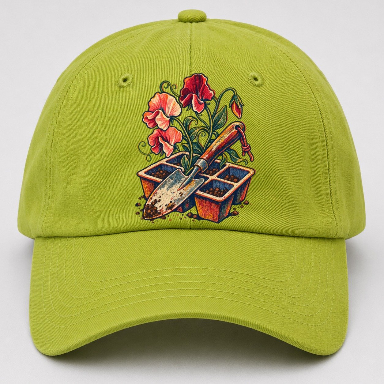 Garden Trowel Seed Tray And Sweet Peas Uk Culture Heritage Baseball Cap – Fluorescent Green