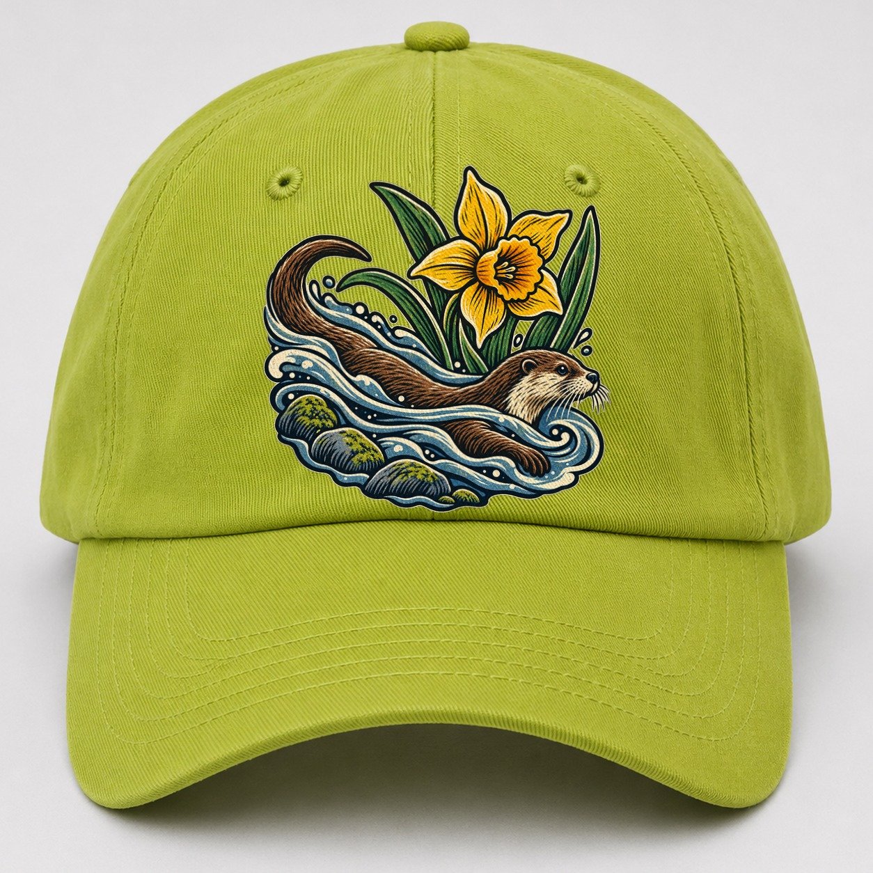 Welsh Otter And Daffodil Stream Uk Culture Heritage Baseball Cap – Fluorescent Green