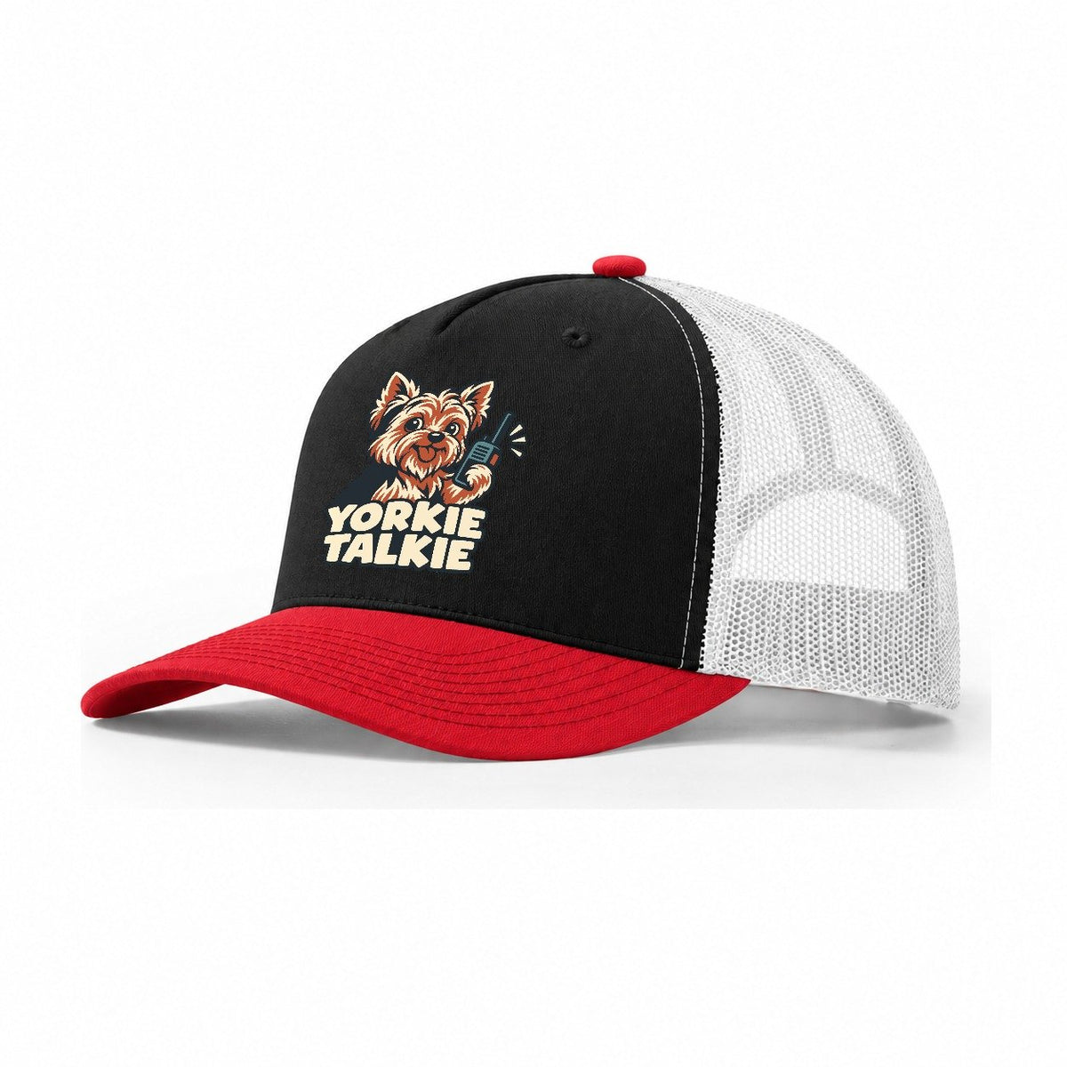 Yorkie Talkie Familiar Punchlines Trucker Hat – Black Red White