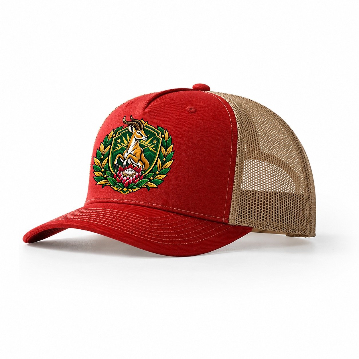 South Africa Heraldic Crest Country Logos Trucker Hat – Red Khaki
