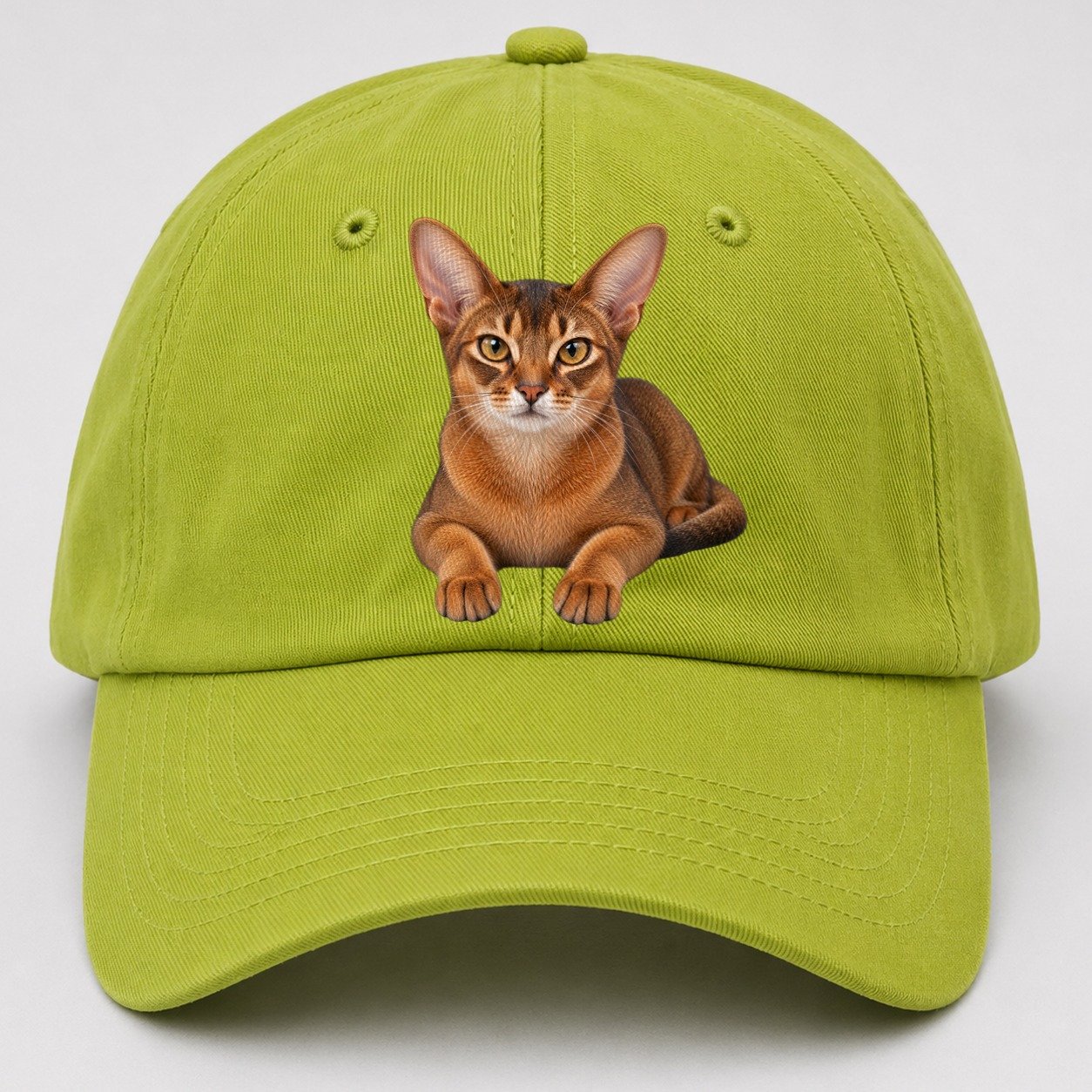 Abyssinian Reclining Paws Forward Realistic Cat Portrait Baseball Cap – Fluorescent Green