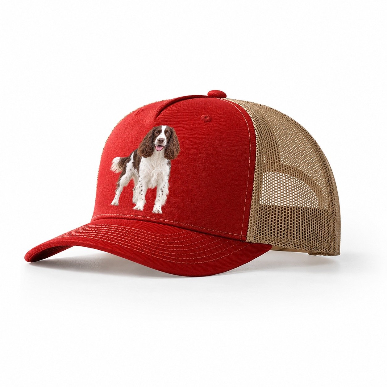 English Springer Spaniel Standing Top Breeds Trucker Hat – Red Khaki