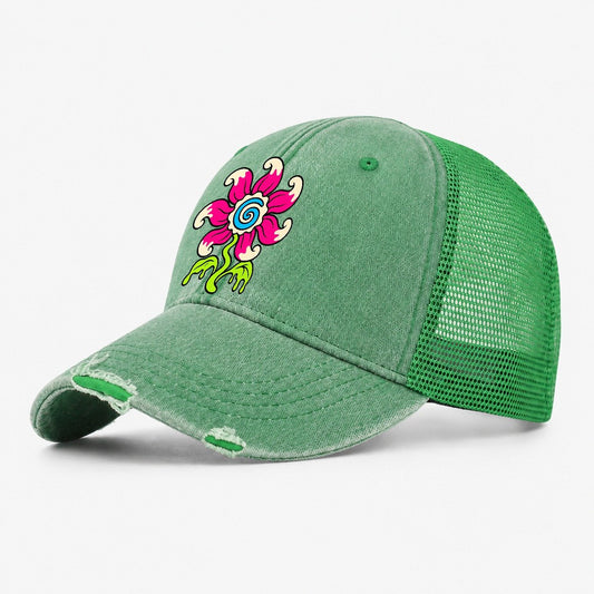 Swirl Tongue Flower Crazy Styles Washed Trucker Hat – Ink Green