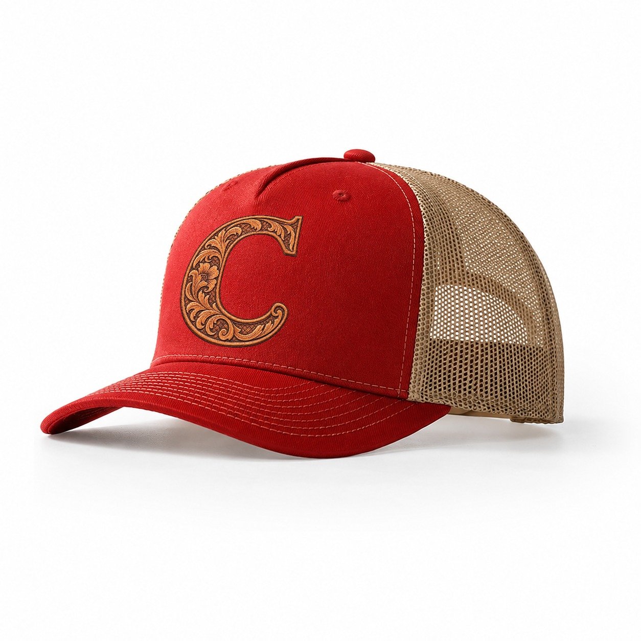 Tooled Leather C Monogram Trucker Hat – Red Khaki