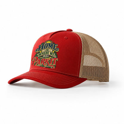 Home Is Where We Park It Retired Living Trucker Hat – Red Khaki