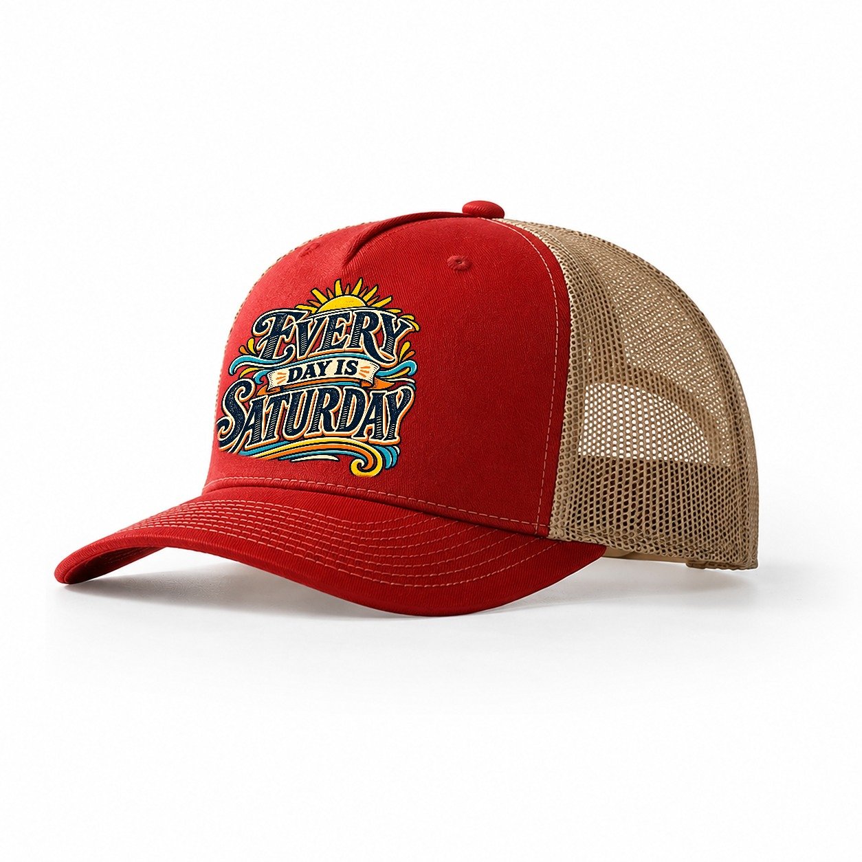 Every Day Is Saturday Retired Living Trucker Hat – Red Khaki