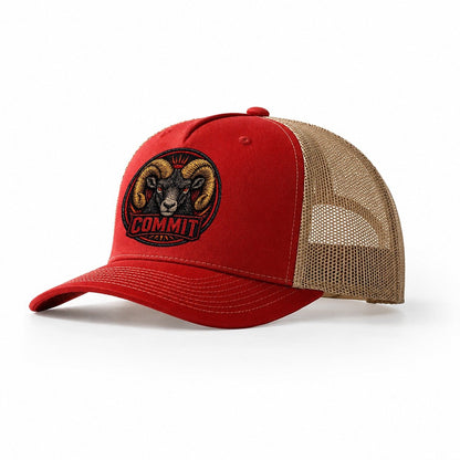 Ram Commit Badge Trucker Hat – Red Khaki